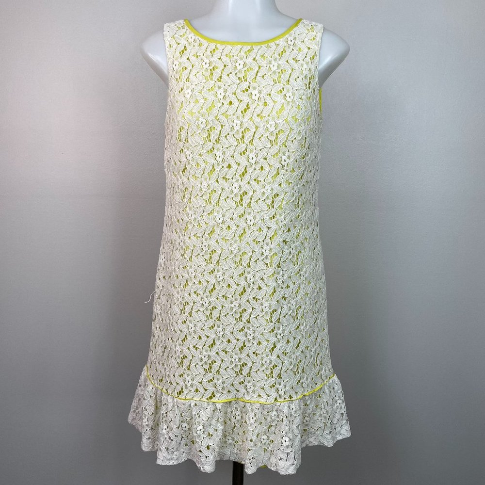 LOFT Shift Dress 4 Lace White Chartreuse Sleeveless Flounce Hem Women's
